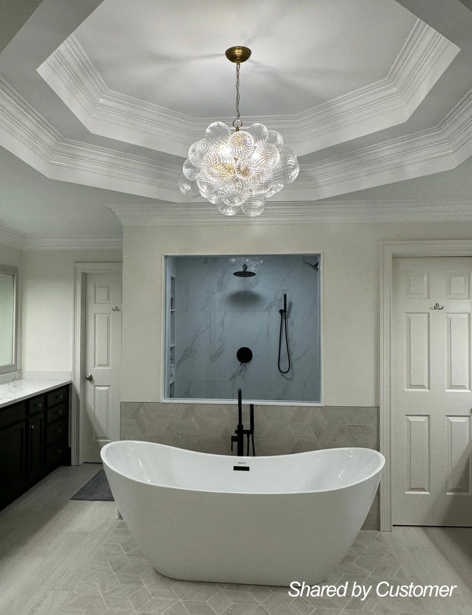 Brass Cluster Ribbed Glass Globe Bubble Chandelier - Image 5