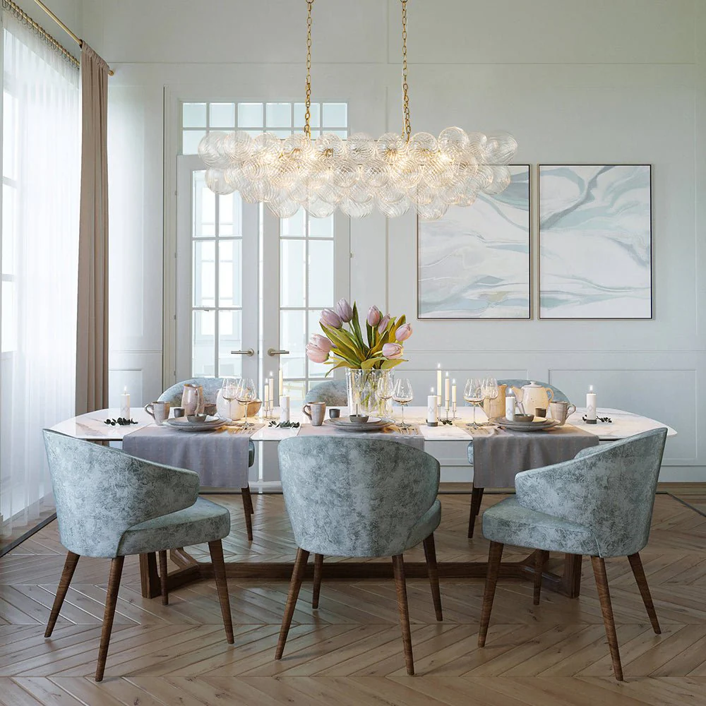 Brass Cluster Ribbed Glass Globe Bubble Linear Chandelier - Image 3
